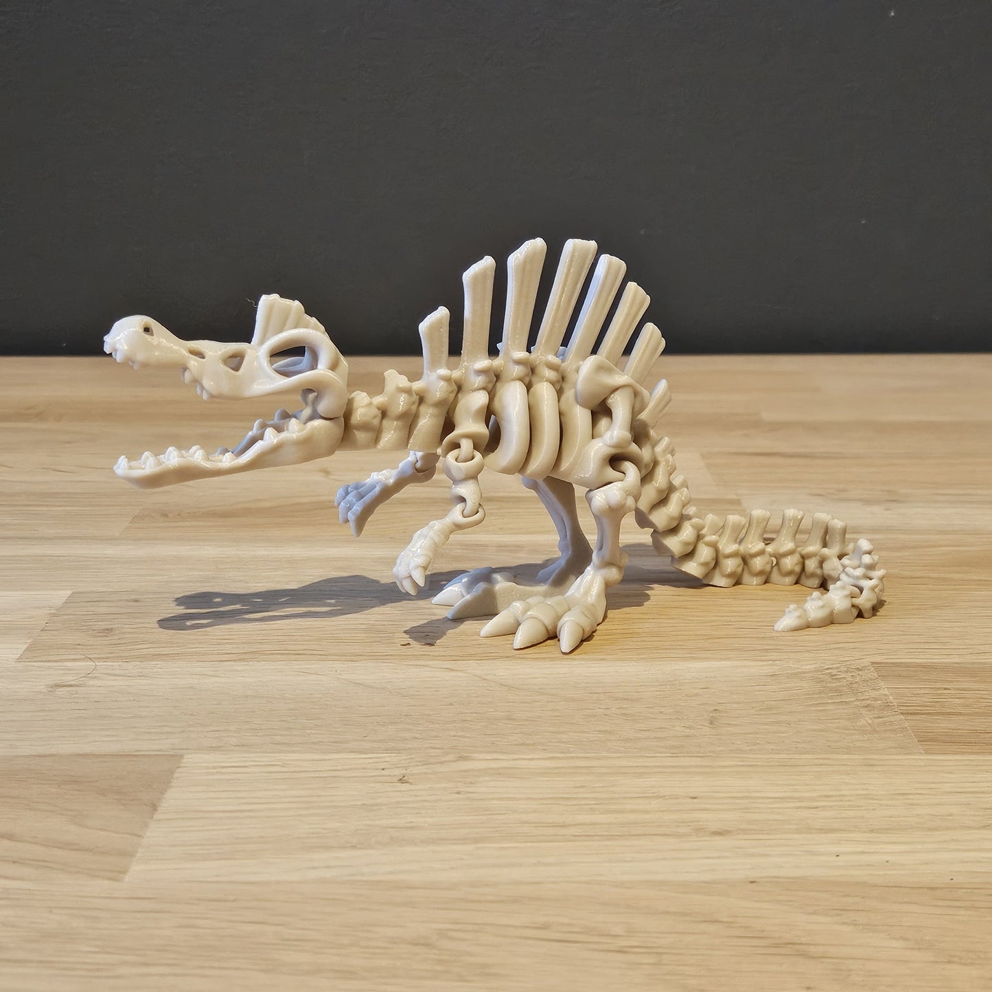 Flexi skelet Spinosaurus rechtop met zichtbare rugzeil – 3D-geprint model met beweegbare staart en poten